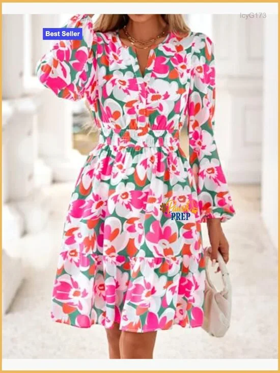 Floral Mini Dress Long Sleeve Elastic Waist Wedding Guest Vacation Outfit - Picture 4 of 7